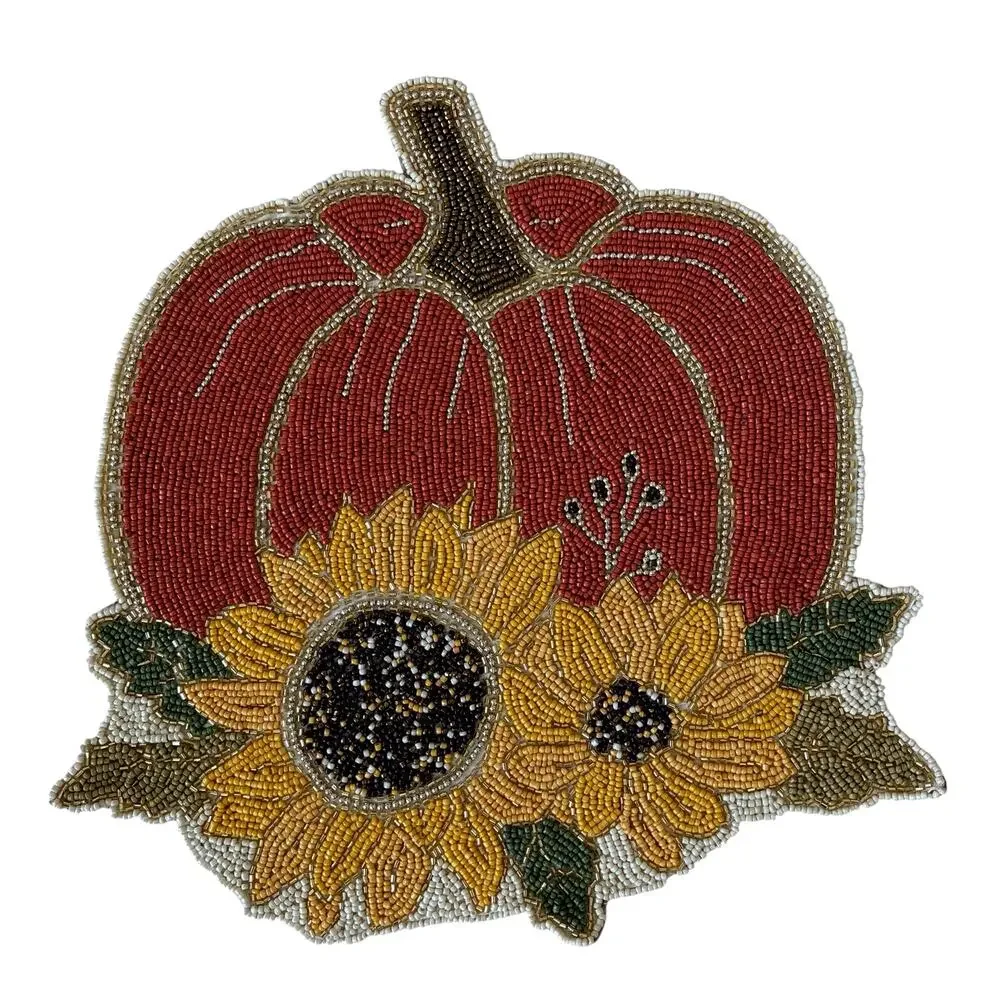 Tahari Home Pumpkin w/ Sunflower Beaded Placemat 13in Chic Fall Decor NEW